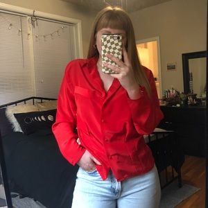 vintage red satin button up long sleeve top